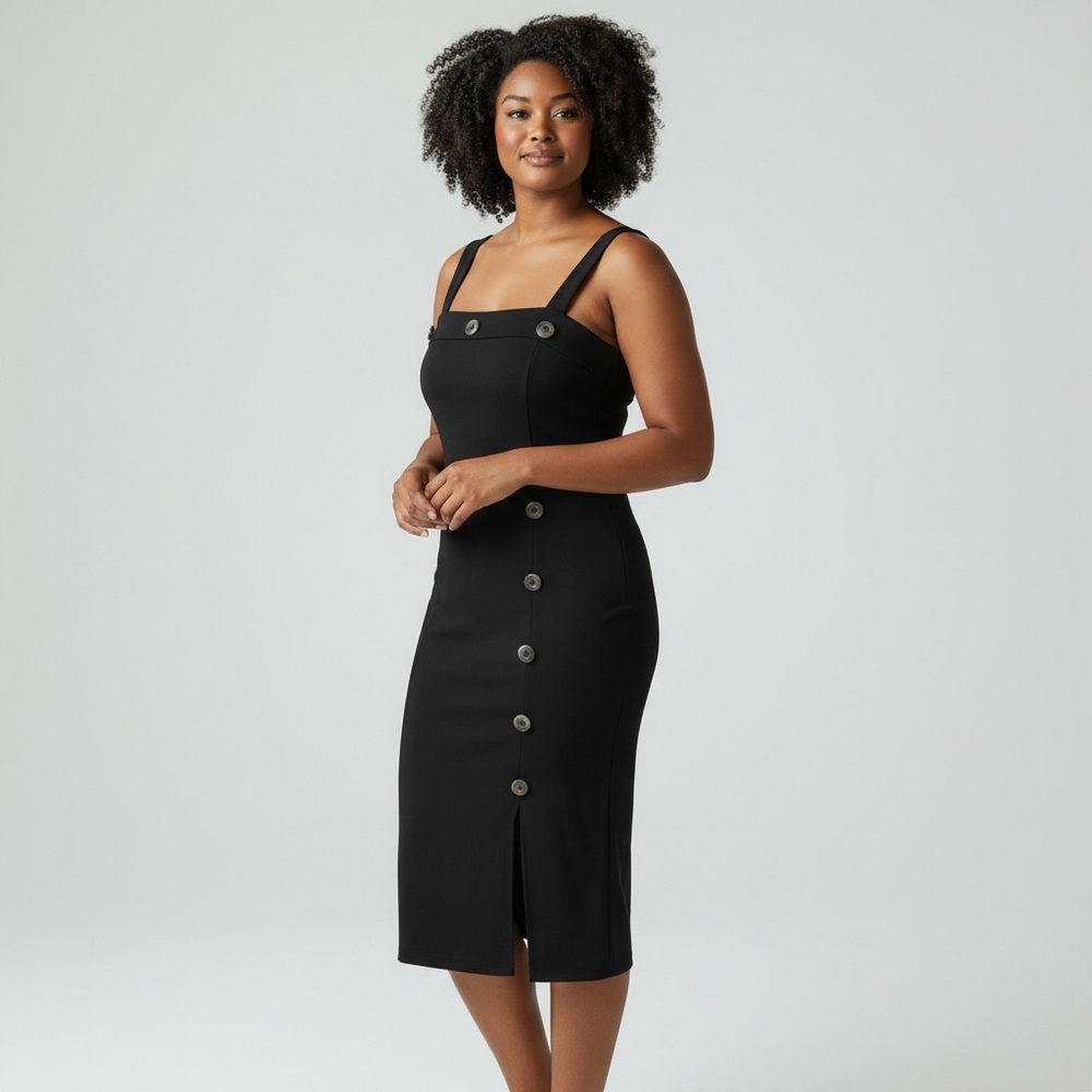 Shinestar Black Button Front Midi Dress with Straps Size Large